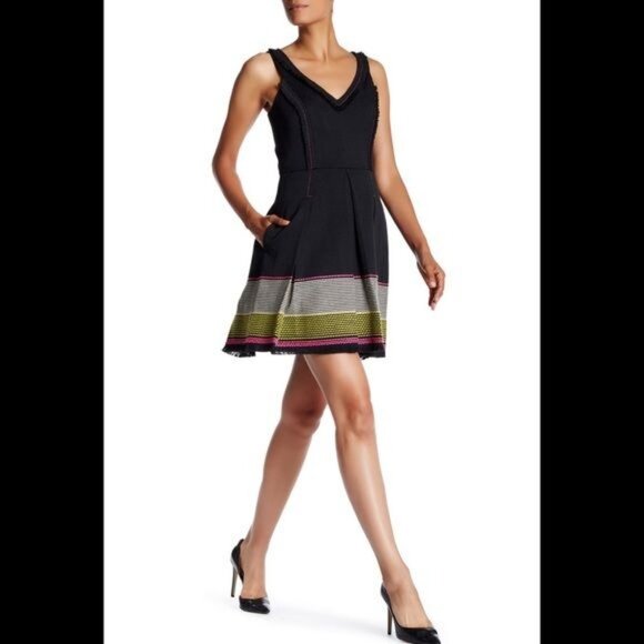 Trina Turk Abela Fringe Embroidered Fit and Flare Sleeveless Dress Black Size 6 - Picture 9 of 10